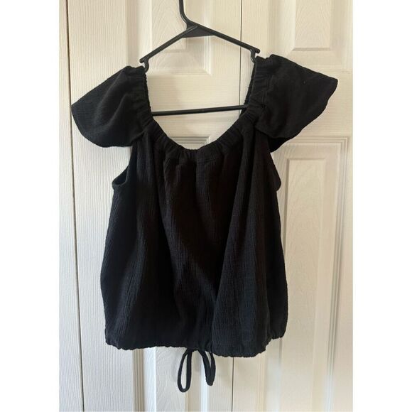 Madewell Texture & Thread Off The Shoulder Black Top with Tie Waist - Picture 7 of 9